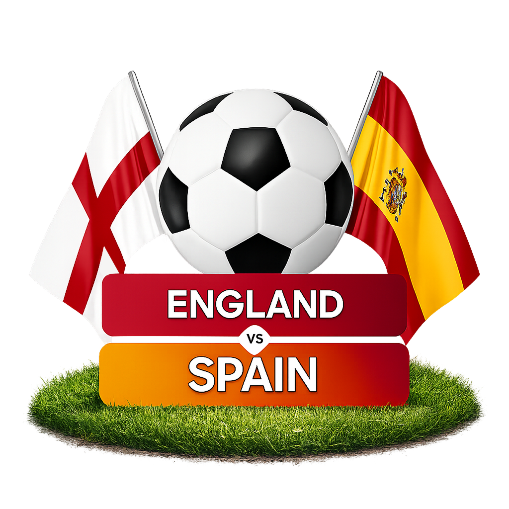 A football surrounded by an England flag and a Spanish flag over a circle of grass with two signs showing England vs Spain
